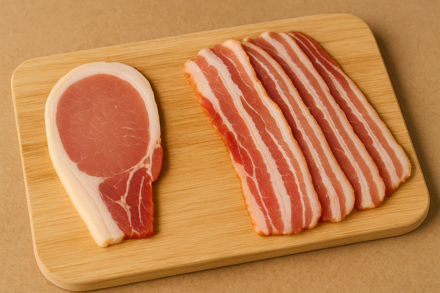 Side-by-side comparison of UK back bacon and streaky bacon