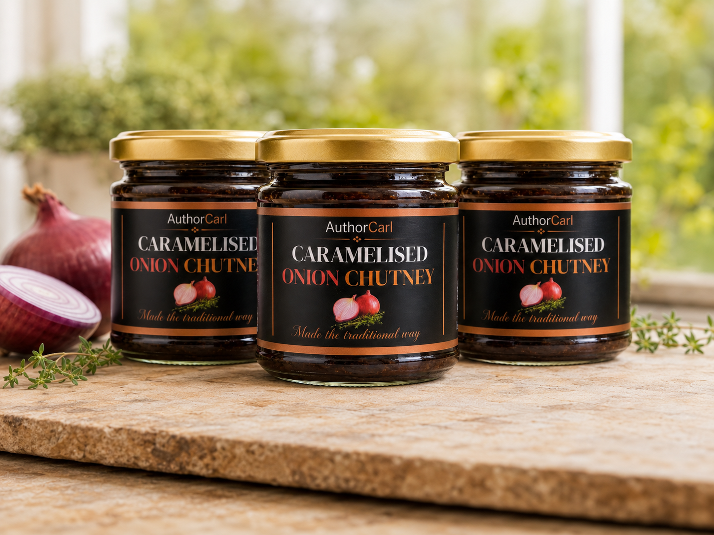 The Caramelised Onion Chutney Trio with three jars of chutney