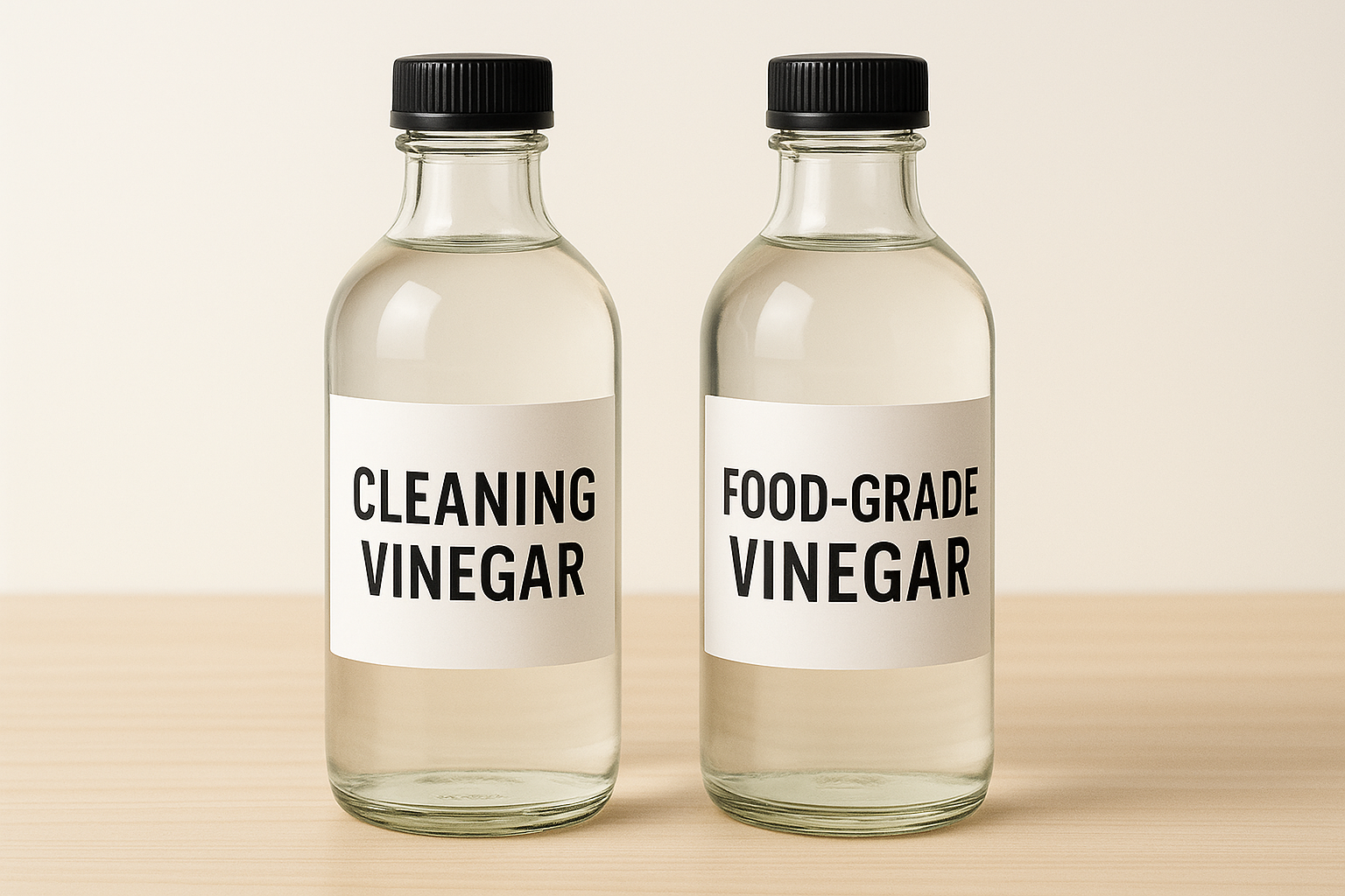 Two bottles labelled cleaning vinegar and food-grade vinegar