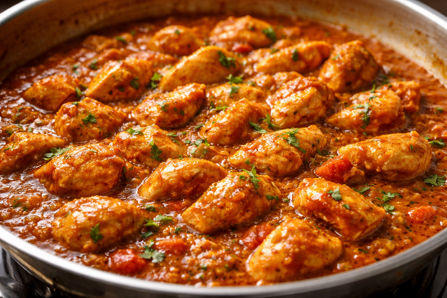 Tender chicken pieces coated in rich Indian curry sauce