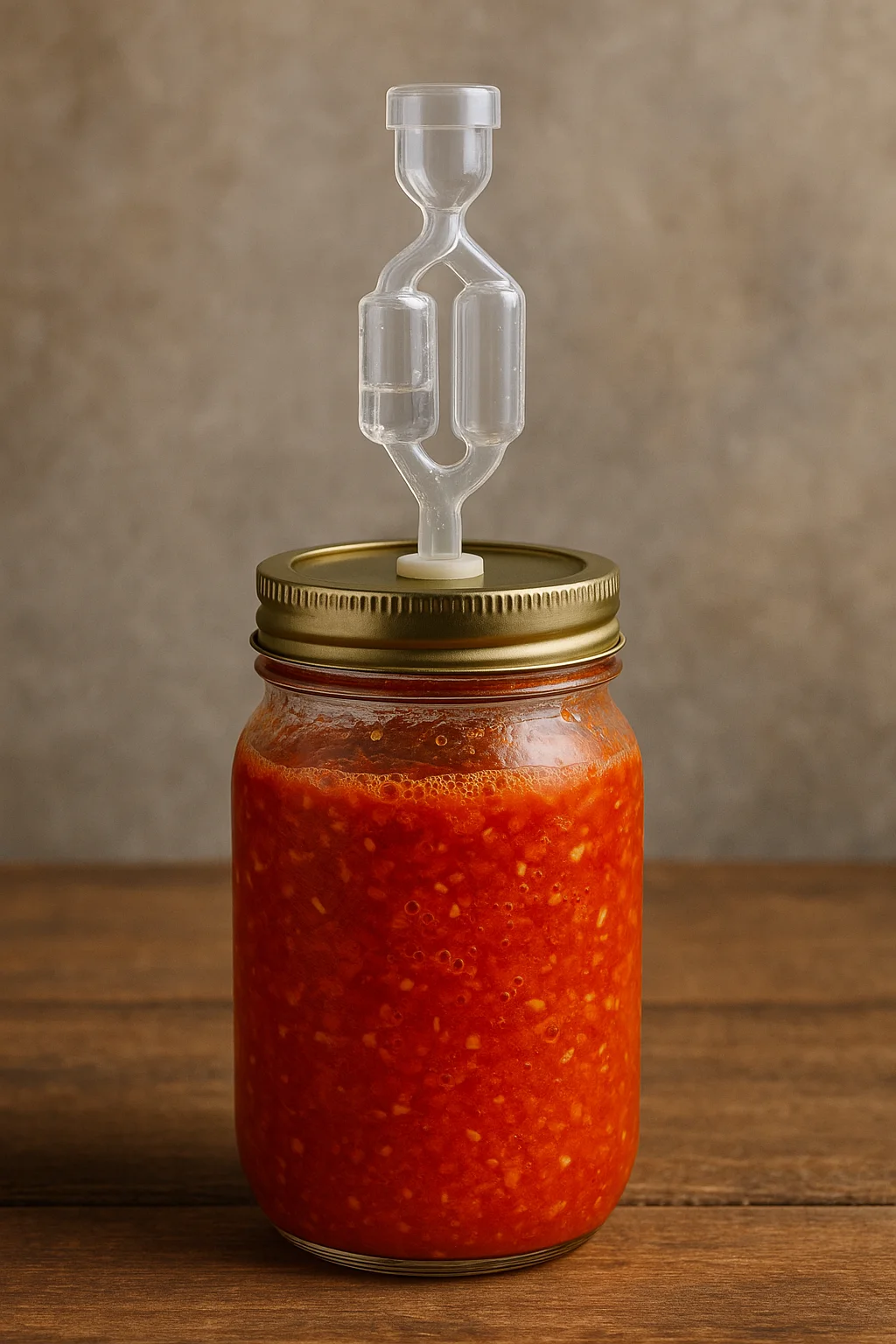 Jar of fermented chilli mash bubbling with an airlock