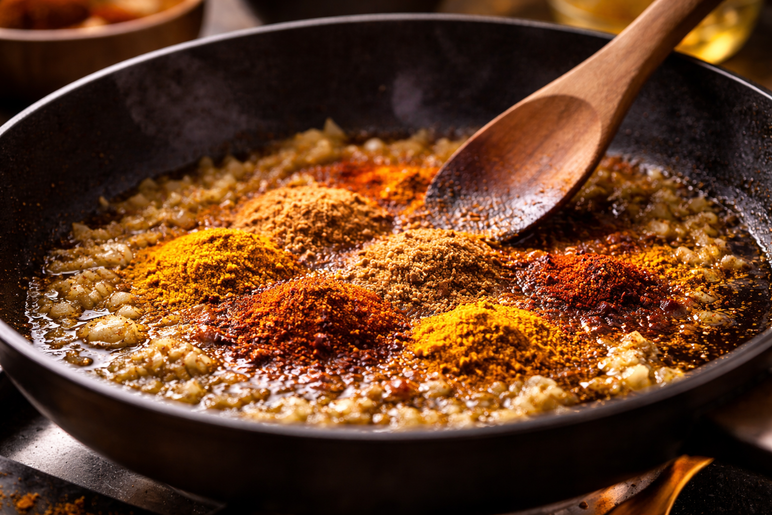 Ground spices being fried in oil in a pan for Indian curry