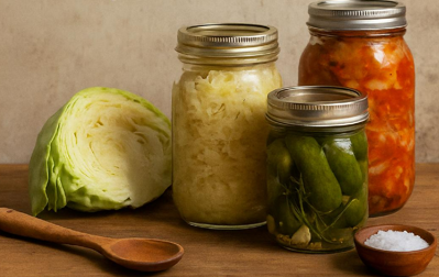 Jars of sauerkraut, kimchi, and kombucha on a wooden table