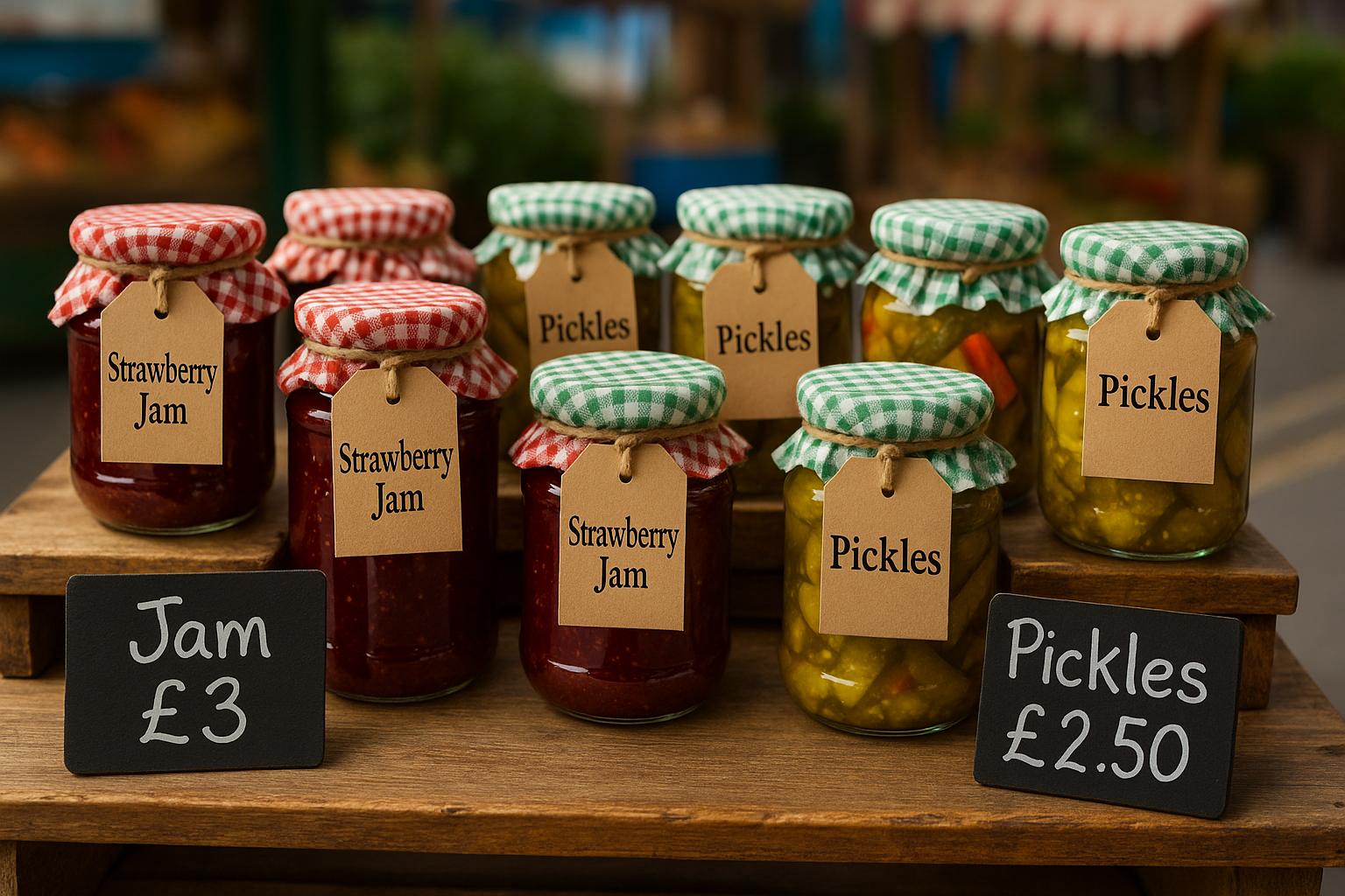 Homemade jams and pickles displayed with price tags at a small UK market stall