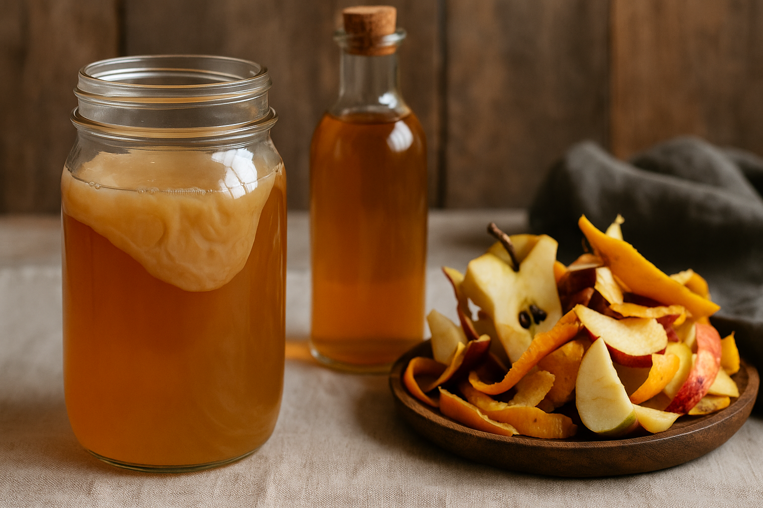 Jar of homemade vinegar with a visible mother beside fruit scraps and a bottle of finished vinegar