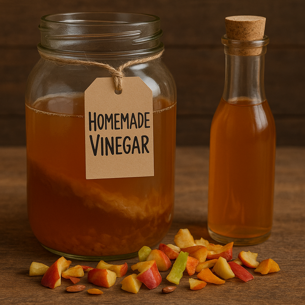 Jar of homemade vinegar with a visible mother beside fruit scraps and a bottle of finished vinegar