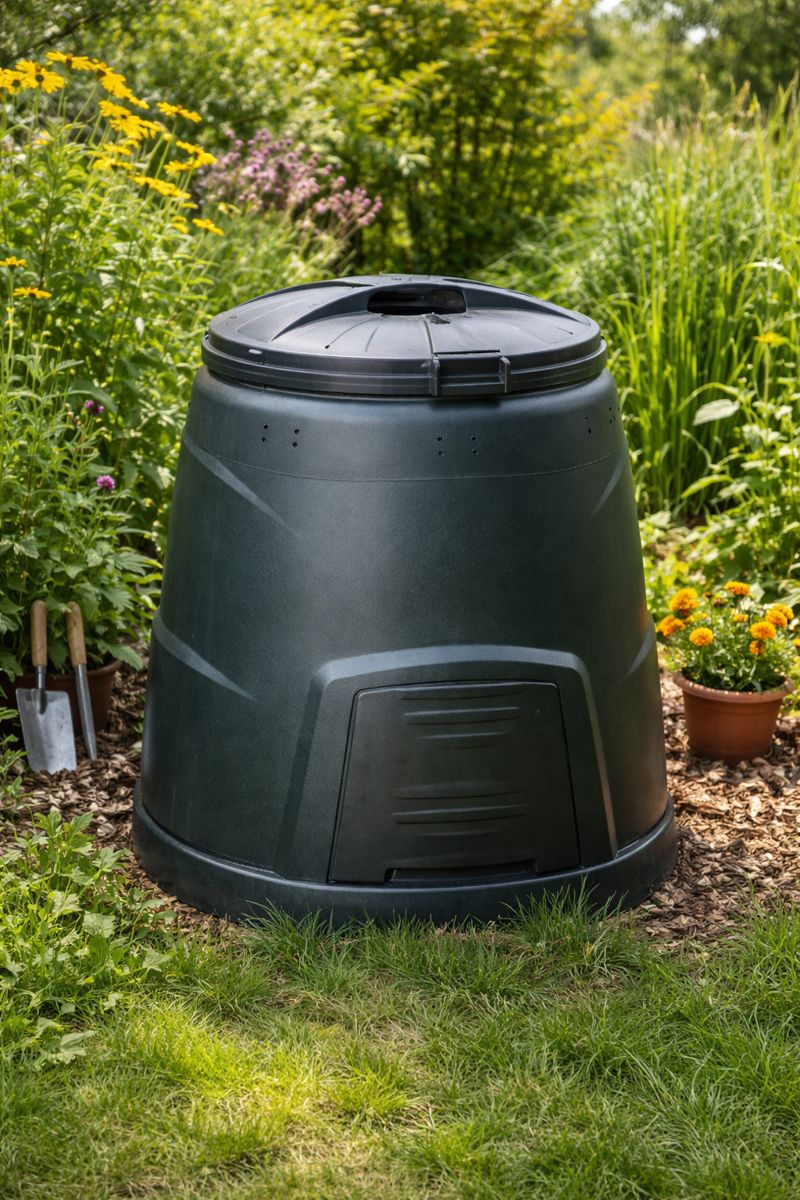 Closed compost bin in a garden with the lid secured