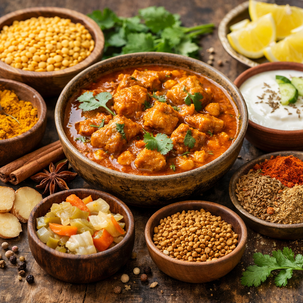 A bowl of Indian curry with spices, lentils and yoghurt, showing gut-friendly elements of traditional cooking