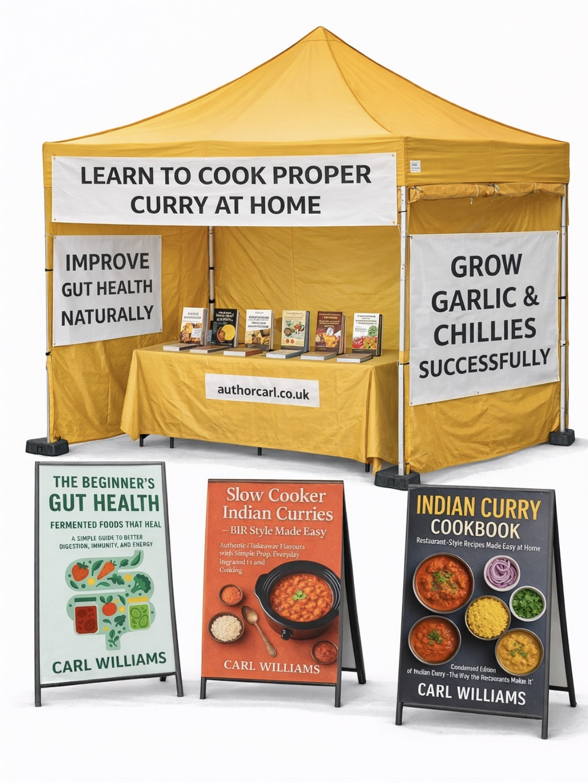 Author Carl book stall gazebo at a UK market