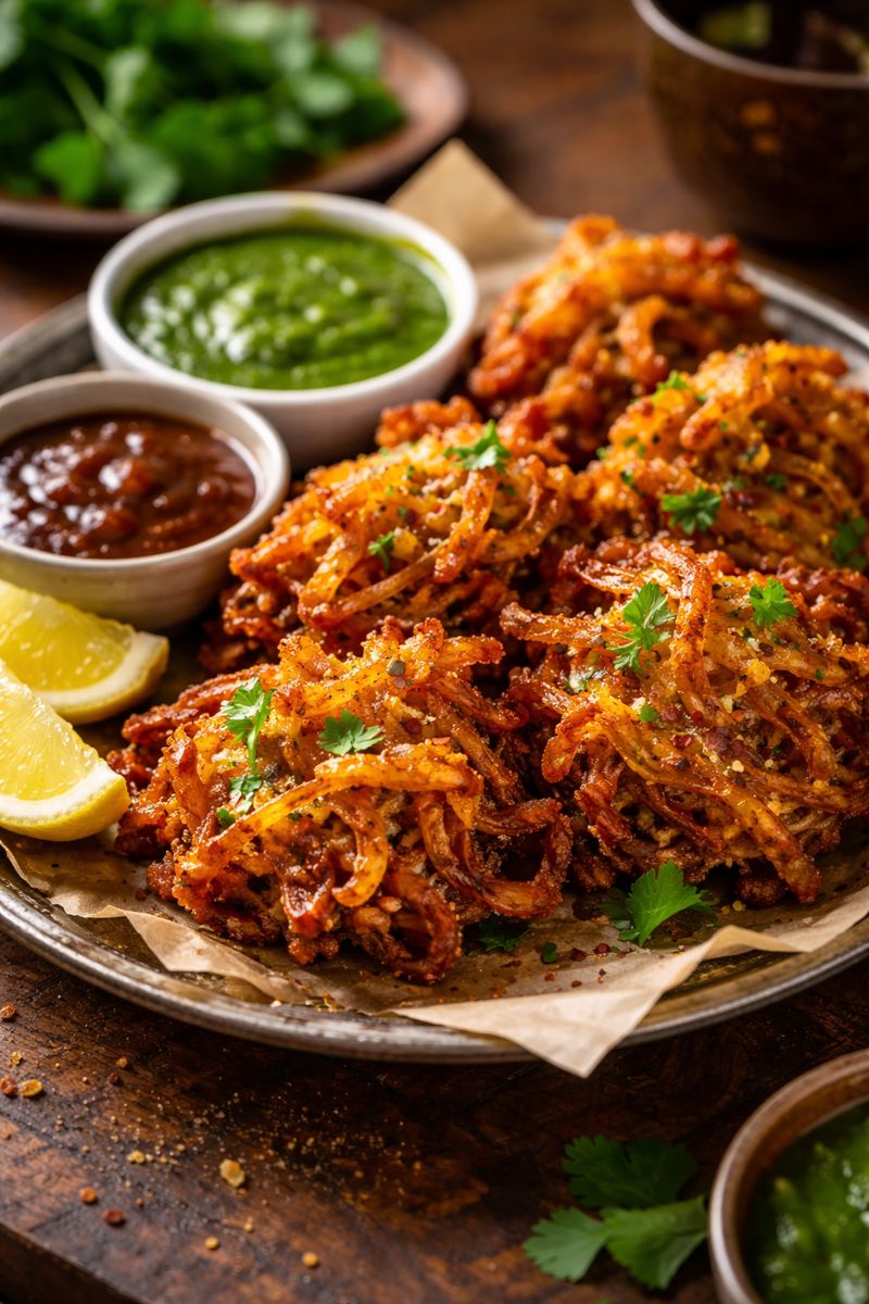 Crispy onion bhajis piled on a plate with chutney
