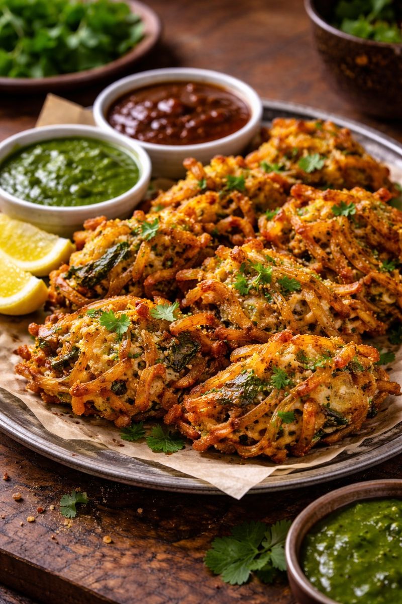 Light, crispy vegetable pakoras served hot