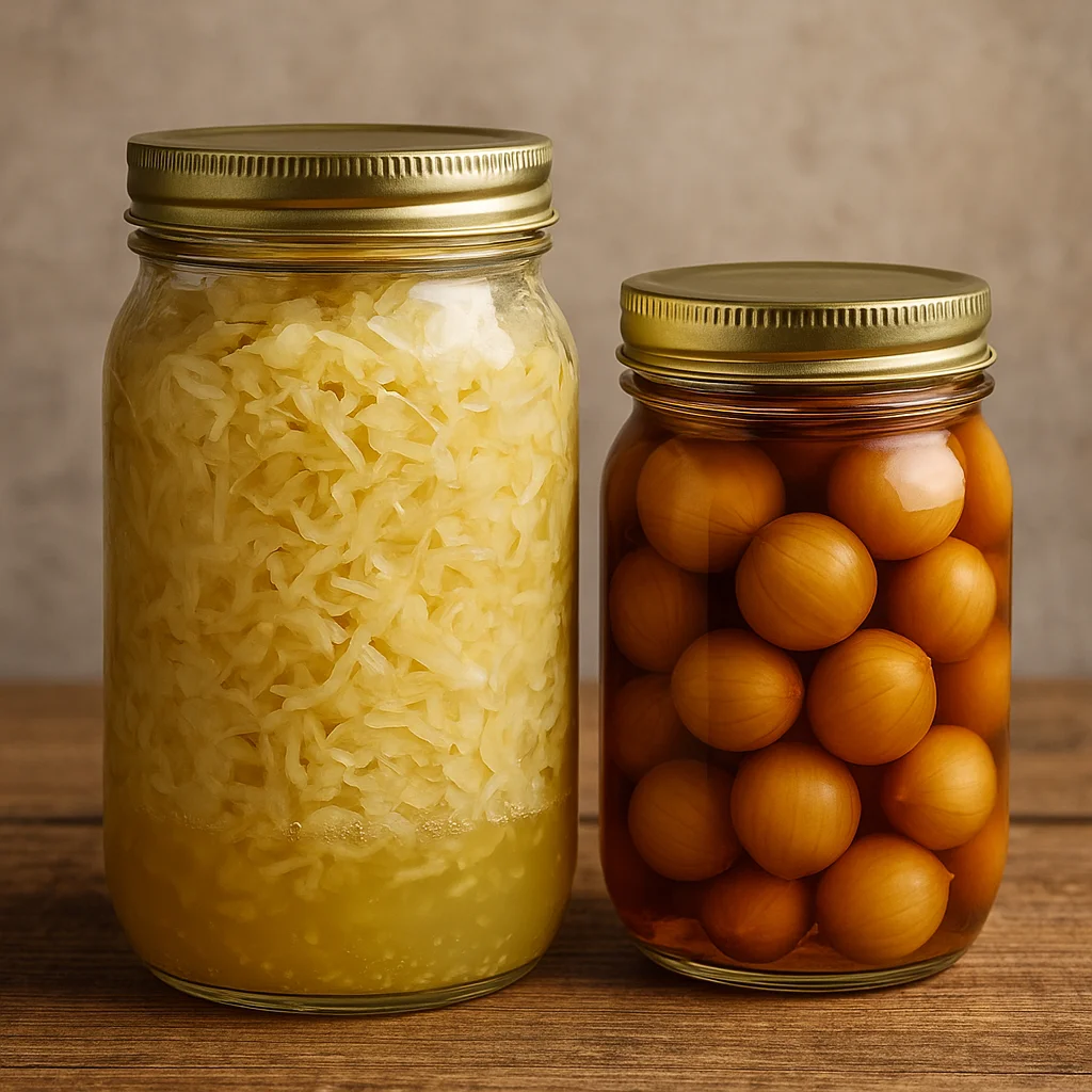 Fermented cabbage in brine beside a jar of pickled onions