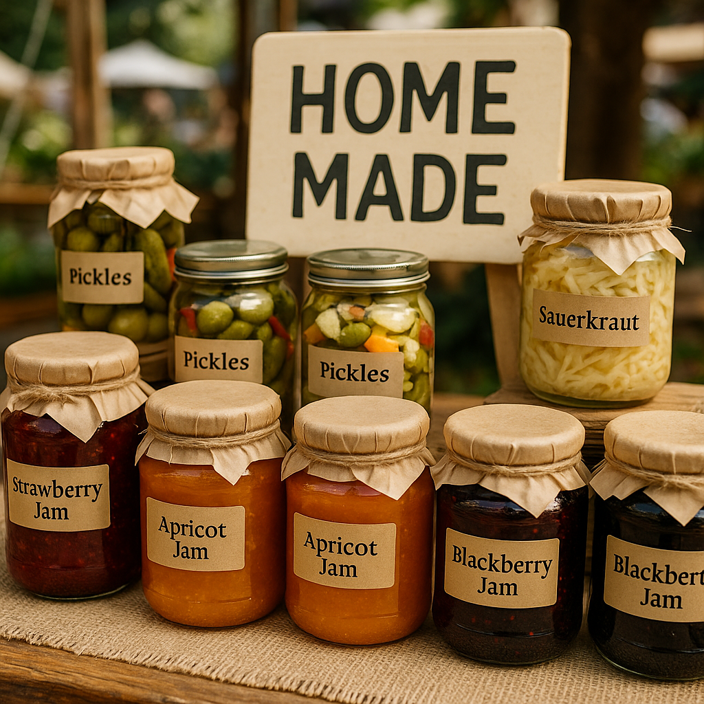 Jars of homemade jam and pickles arranged for sale at a small market stall