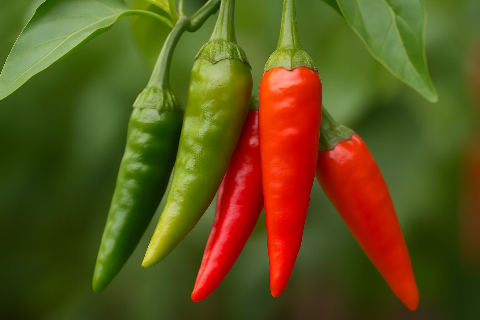 Close-up of ripening chilli peppers in green, orange, and red