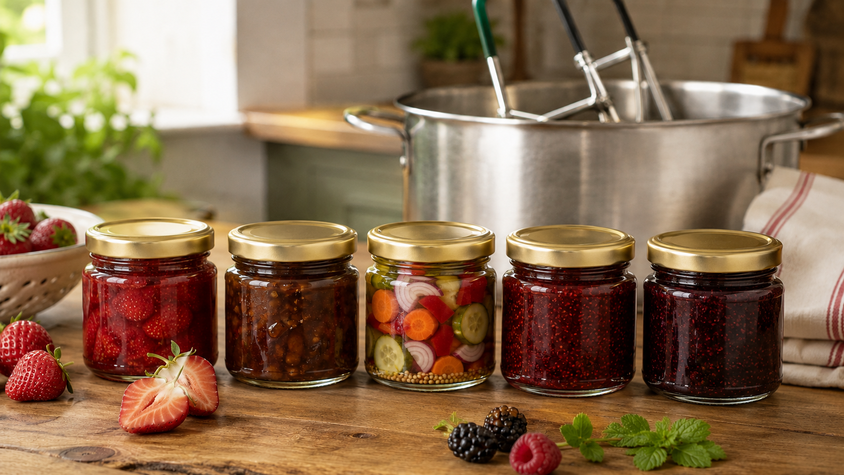 Jars of jam, chutney and pickles sealed using different methods