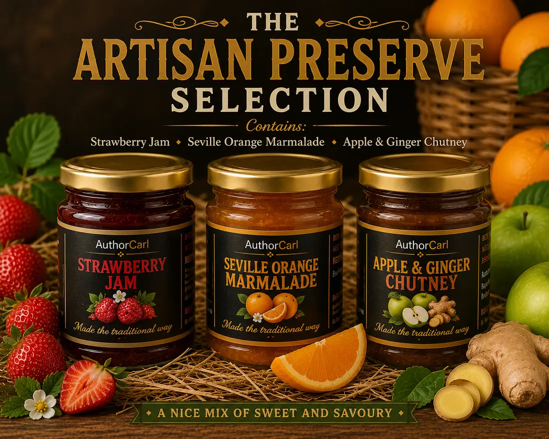 The Artisan Preserve Selection with strawberry jam, Seville orange marmalade and apple and ginger chutney