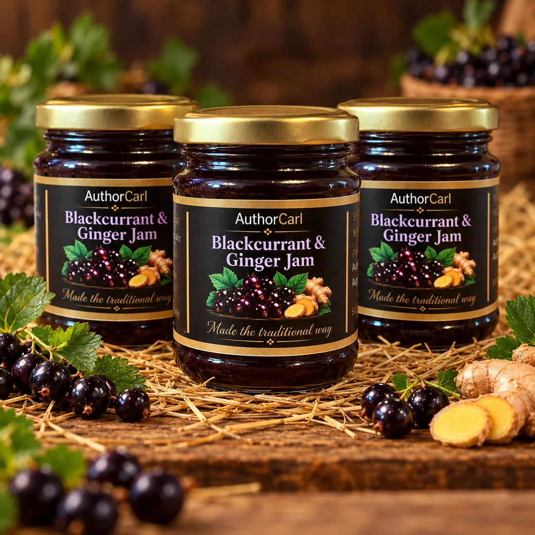 Author Carl Blackcurrant & Ginger Jam trio of three 245g jars