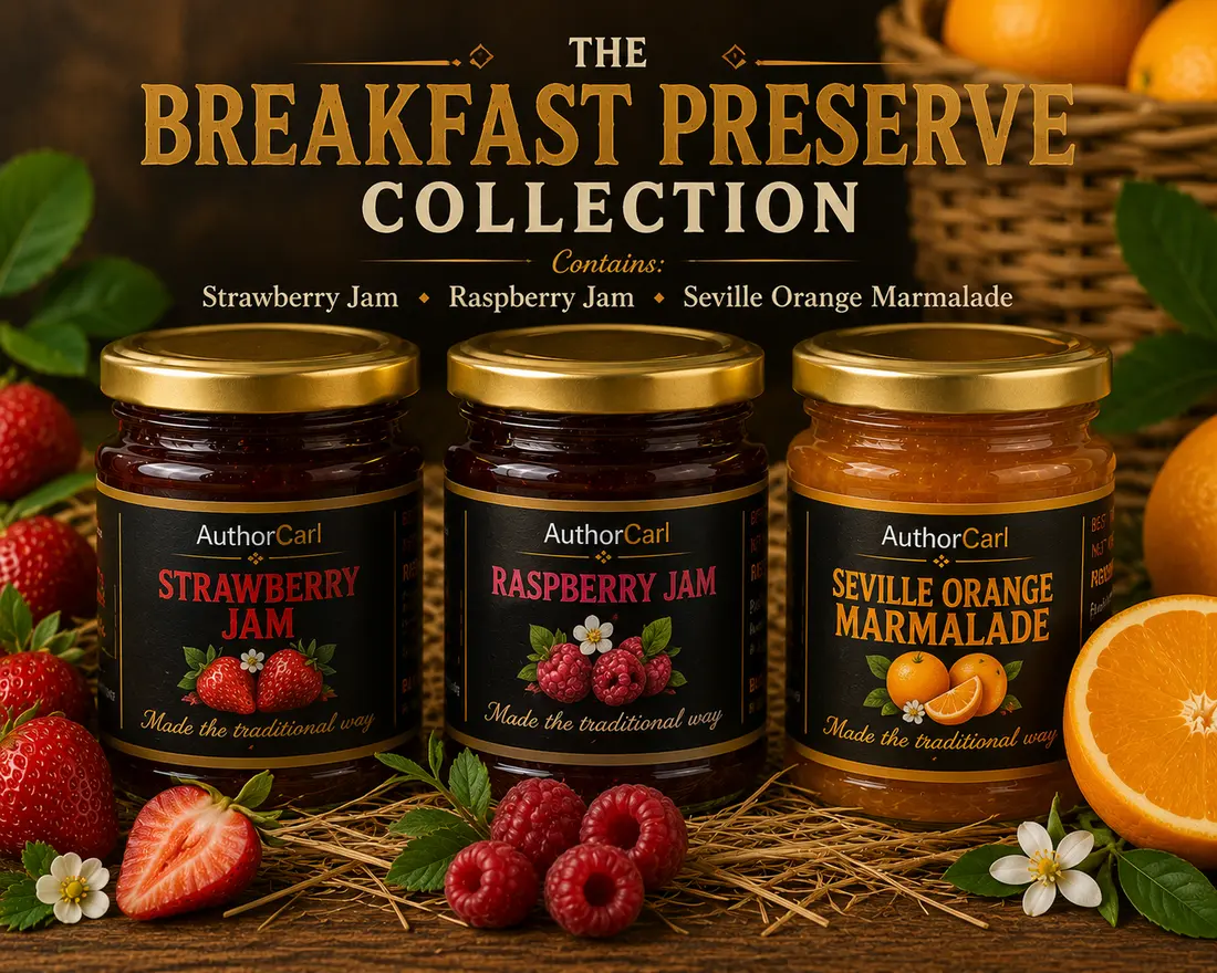 The Breakfast Preserve Collection with strawberry jam, raspberry jam and Seville orange marmalade