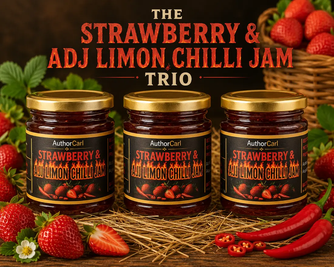 The Strawberry and Aji Limón Chilli Jam Trio with three jars of chilli jam