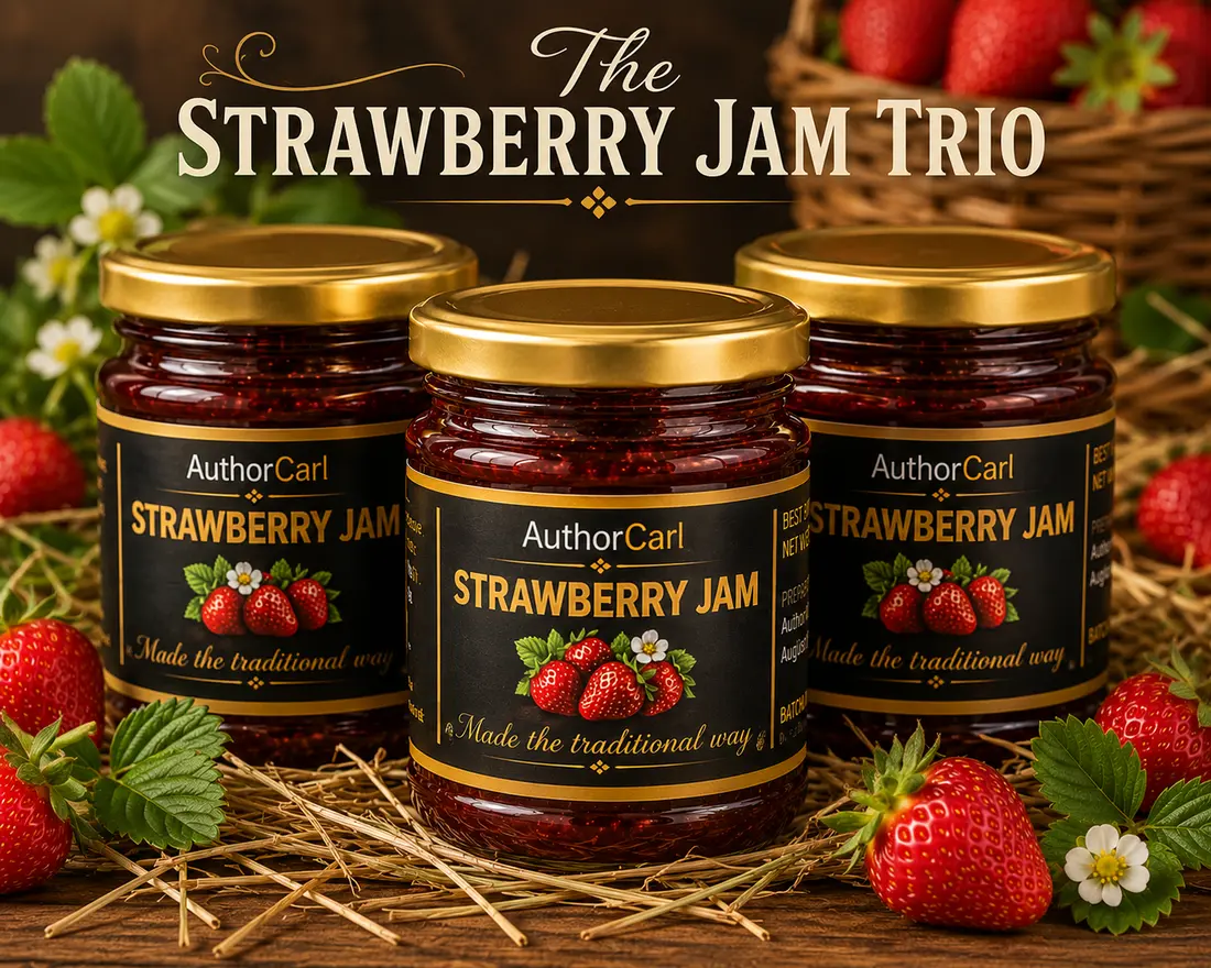 The Strawberry Jam Trio with three jars of strawberry jam