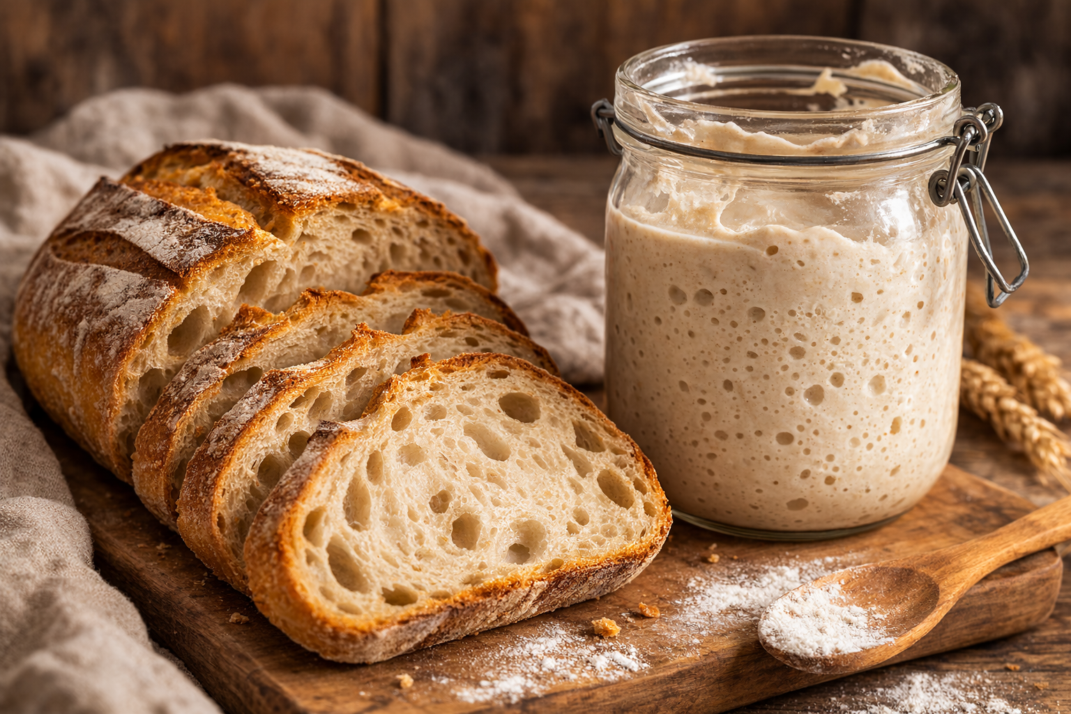 Sliced sourdough bread beside a sourdough starter jar