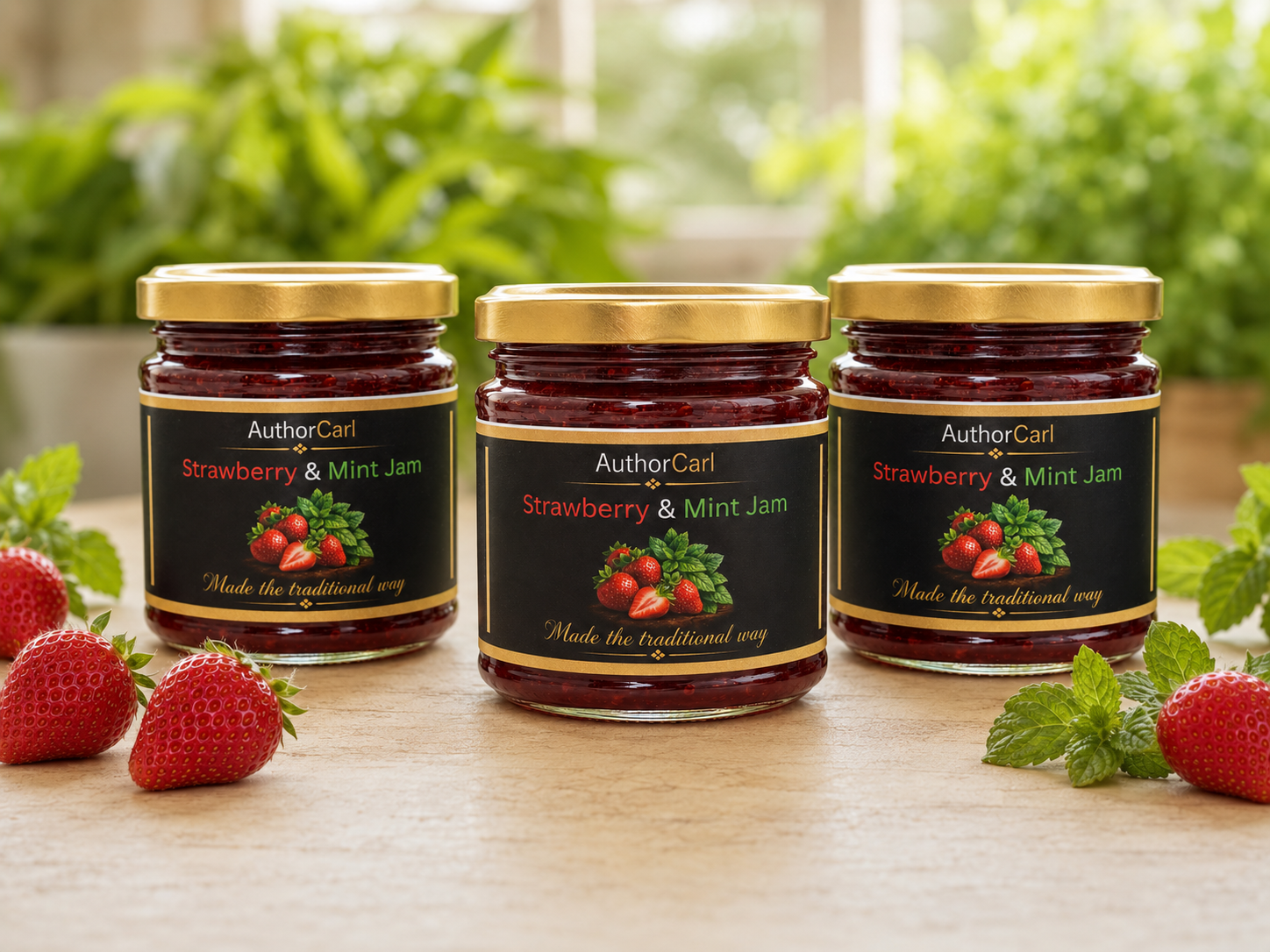 The Strawberry and Mint Jam Trio with three jars of jam