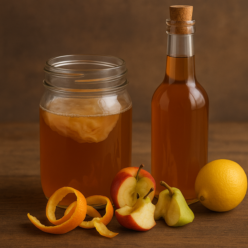 Jar of homemade vinegar with a visible mother beside fruit scraps and a bottle of finished vinegar