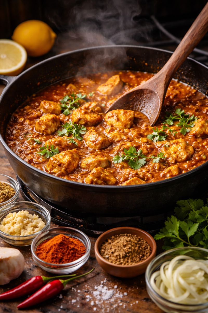 A pan of curry simmering with spices and onions, showing the staged cooking process