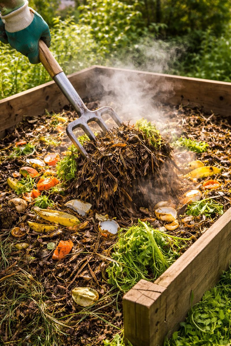 A compost heap being turned with a fork, showing aeration to increase heat
