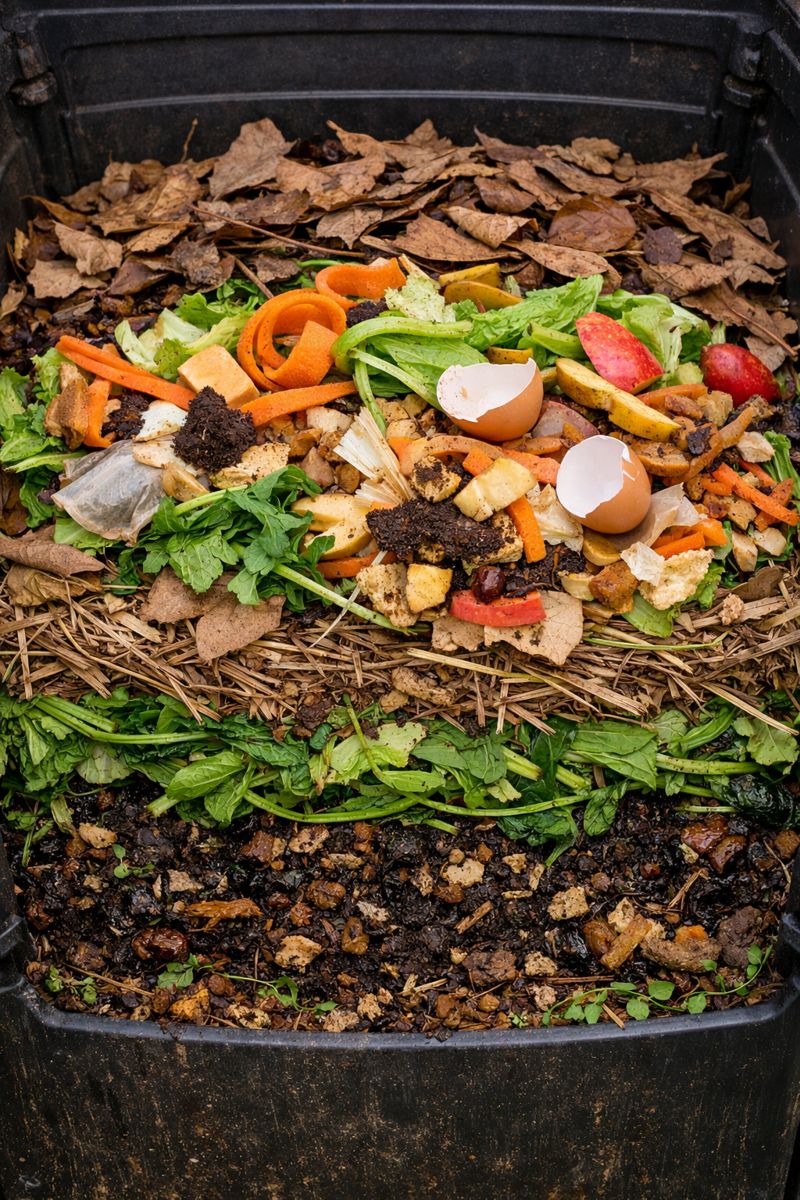 Compost materials layered with leaves and kitchen scraps in a bin, showing a balanced mix